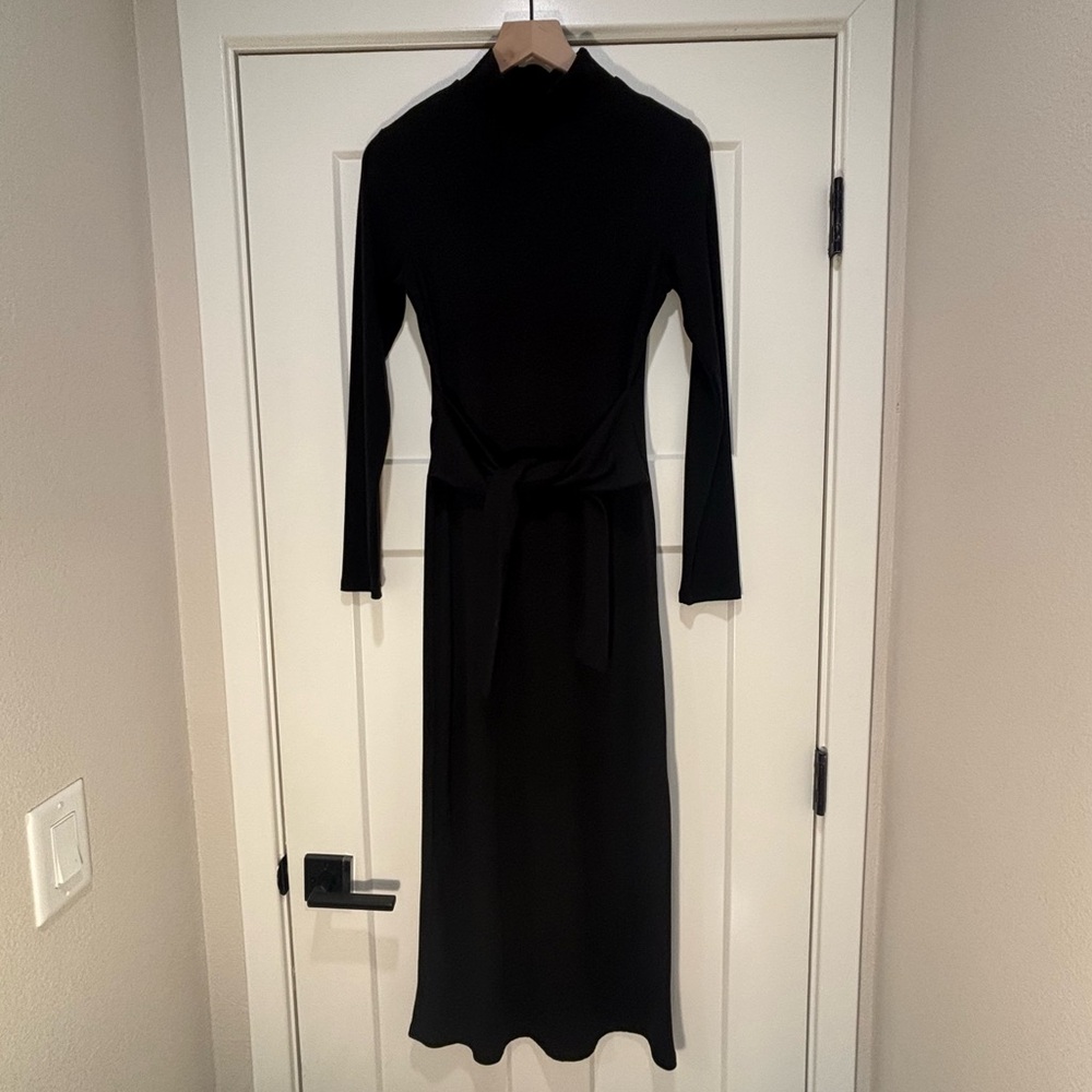 Aqua Mock Neck Tie Waist Long Sleeved Ribbed Dress